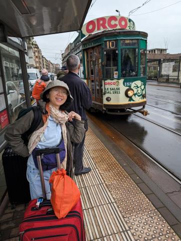 Nobue at Milan tram stop - 24 03 04